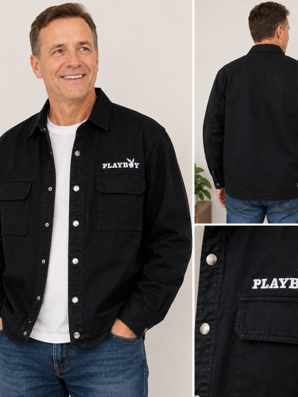 Playboy Mens Large Shacket Snap Front Black Cotton Long Sleeve Embroidered Logo
